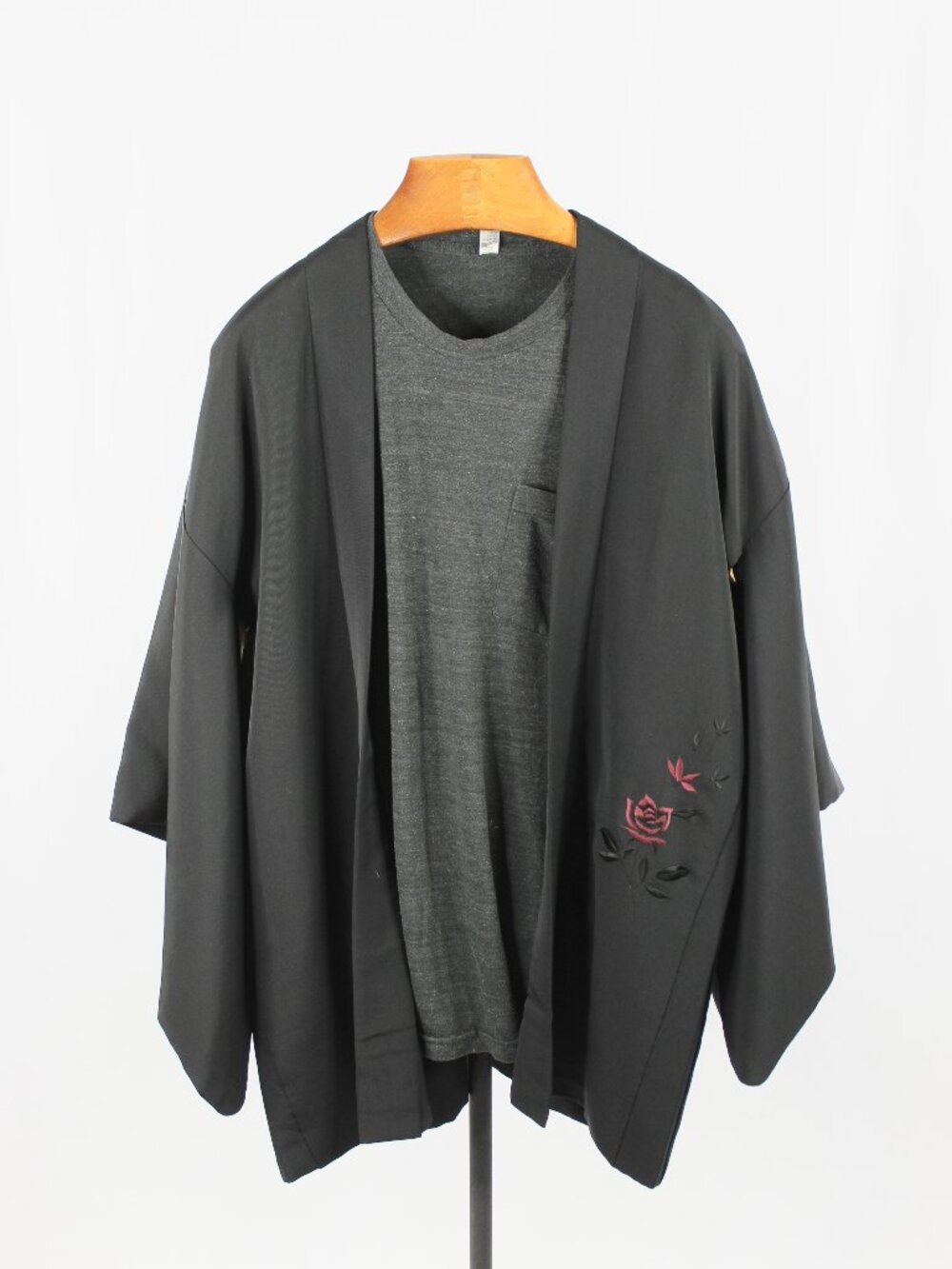 Vintage Japanese Black Maroon Floral Embroidered Kimono Robe, One Size